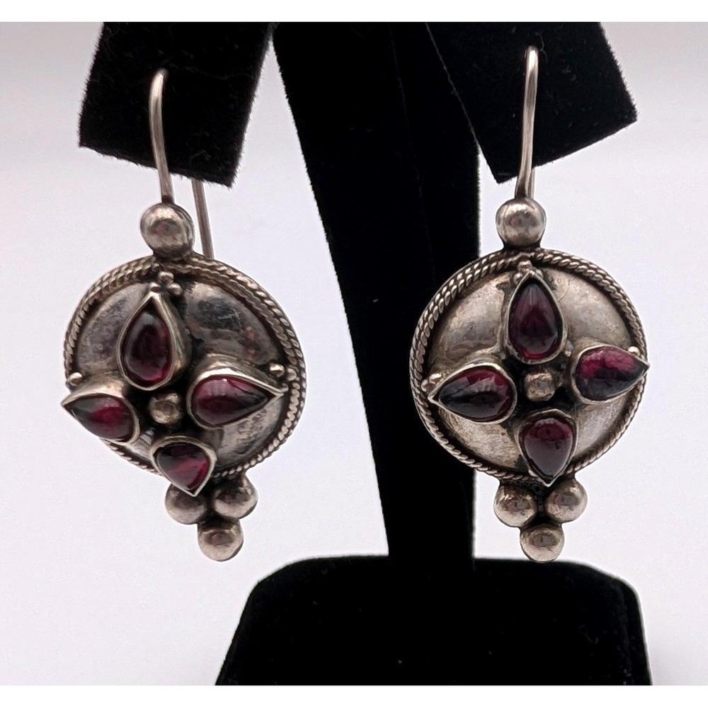 Vintage Sterling Silver 925 Red Garnet Drop Earrings Bohemian Floral Medallion